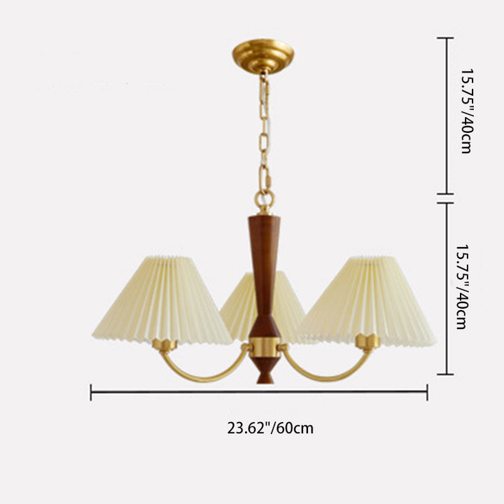 Modern Mid-Century Brass & Wood Fabric Pleated Round Shade 3/5-Light Chandelier For Living Room