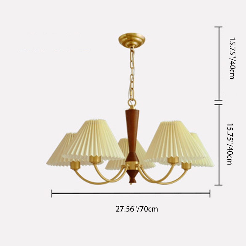 Moderner Mid-Century Messing & Holz PVC Faltenschirm 3/5-Licht Kronleuchter für Wohnzimmer 