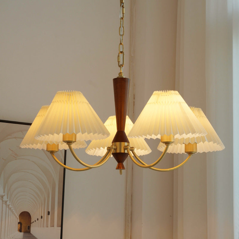 Moderna lámpara de araña de 3/5 luces con pantalla redonda plisada de PVC de latón y madera de mediados de siglo para sala de estar 