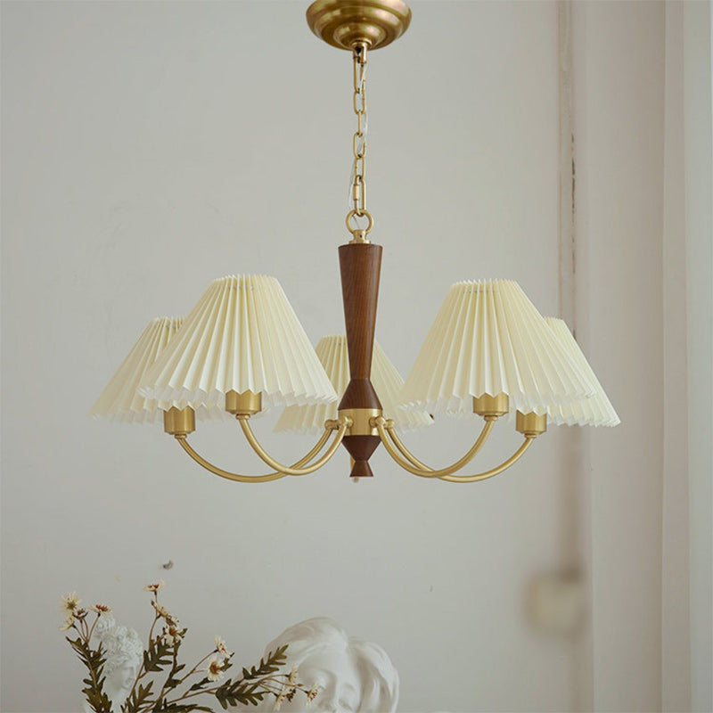 Moderna lámpara de araña de 3/5 luces con pantalla redonda plisada de PVC de latón y madera de mediados de siglo para sala de estar 