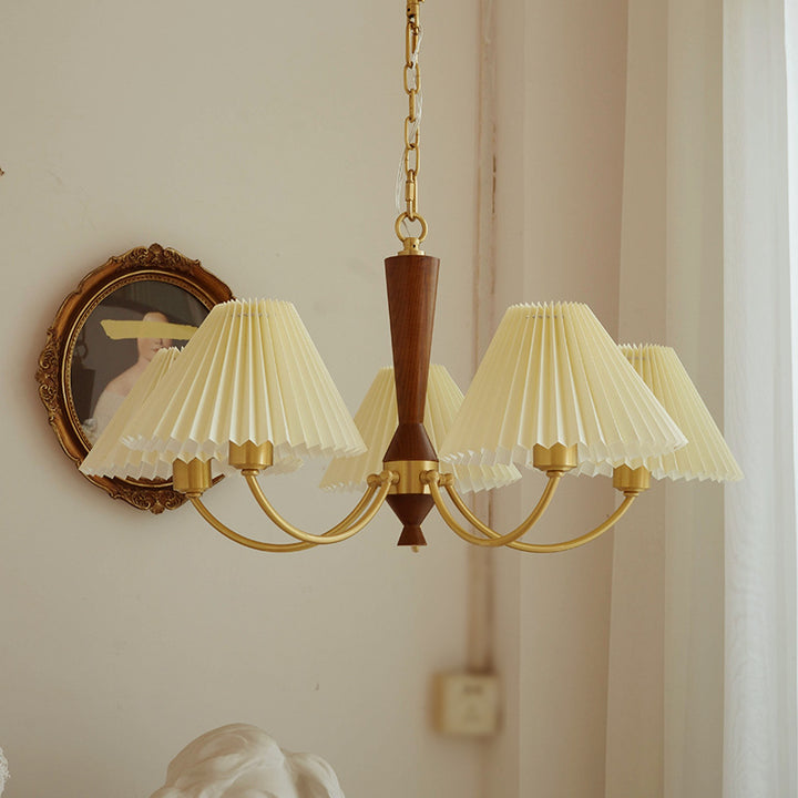 Moderna lámpara de araña de 3/5 luces con pantalla redonda plisada de PVC de latón y madera de mediados de siglo para sala de estar 