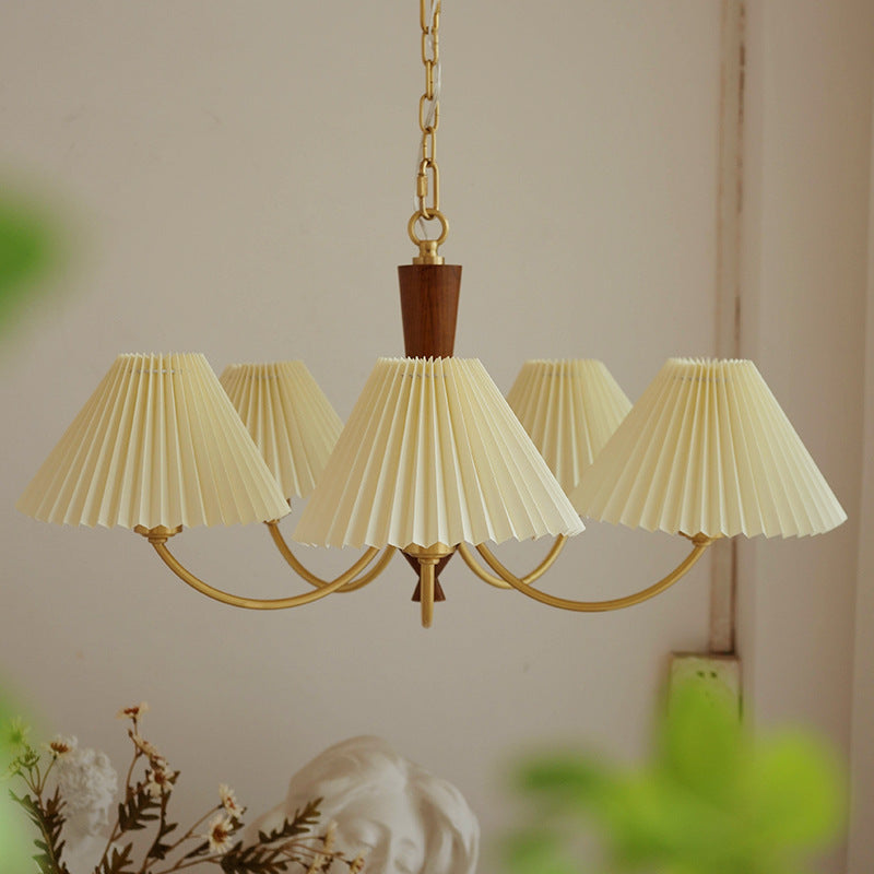 Moderna lámpara de araña de 3/5 luces con pantalla redonda plisada de PVC de latón y madera de mediados de siglo para sala de estar 