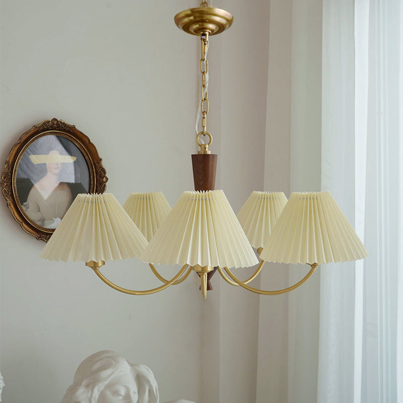 Moderna lámpara de araña de 3/5 luces con pantalla redonda plisada de PVC de latón y madera de mediados de siglo para sala de estar 