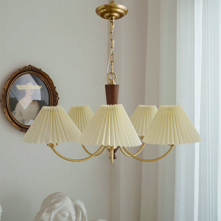 Moderna lámpara de araña de 3/5 luces con pantalla redonda plisada de PVC de latón y madera de mediados de siglo para sala de estar 