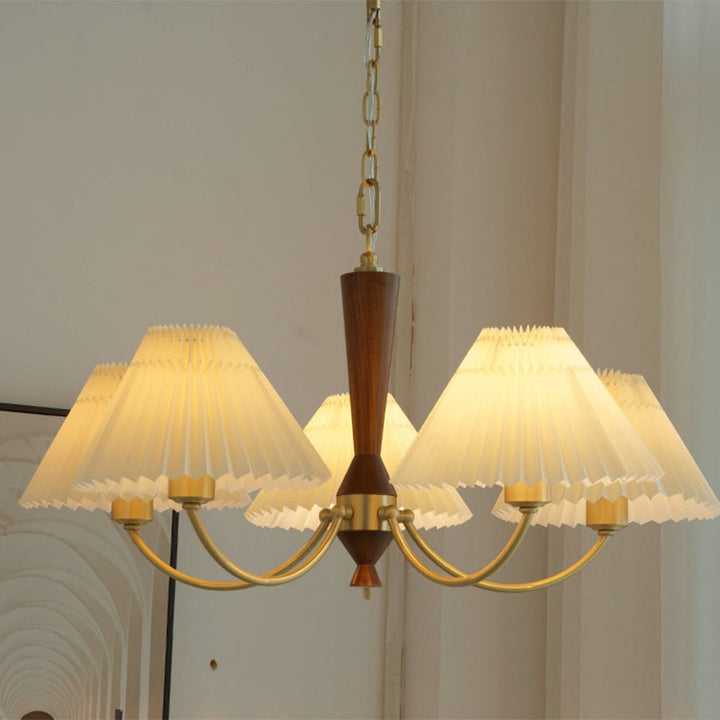 Moderna lámpara de araña de 3/5 luces con pantalla redonda plisada de PVC de latón y madera de mediados de siglo para sala de estar 