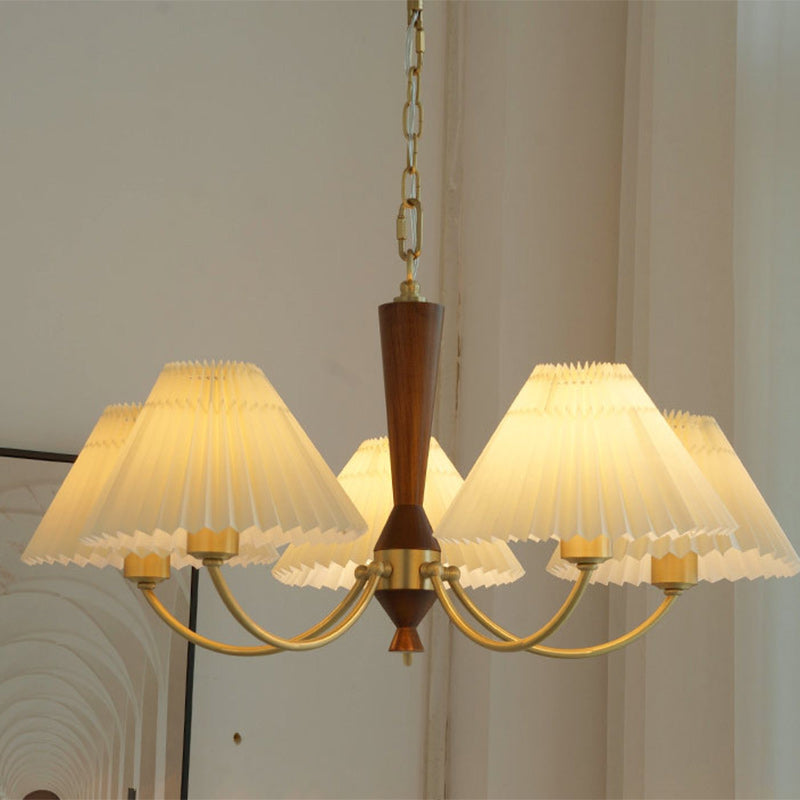 Moderner Mid-Century Messing & Holz PVC Faltenschirm 3/5-Licht Kronleuchter für Wohnzimmer 