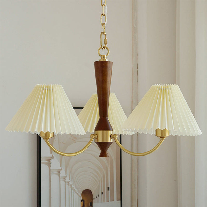 Moderna lámpara de araña de 3/5 luces con pantalla redonda plisada de PVC de latón y madera de mediados de siglo para sala de estar 