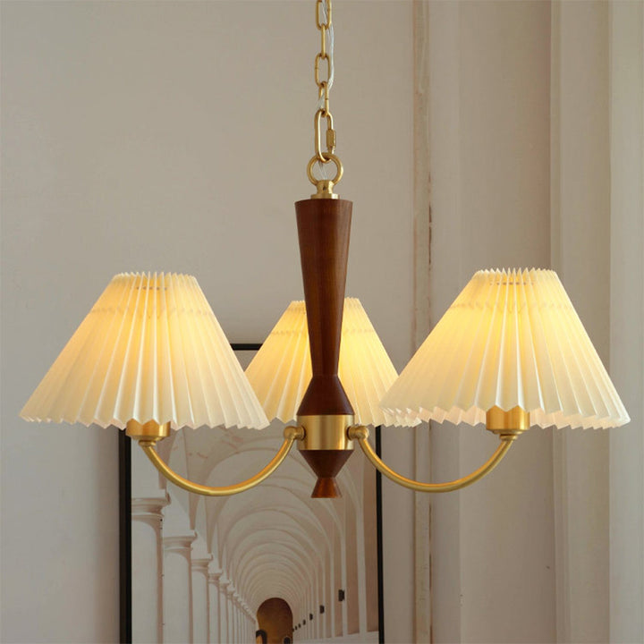 Modern Mid-Century Brass & Wood Fabric Pleated Round Shade 3/5-Light Chandelier For Living Room