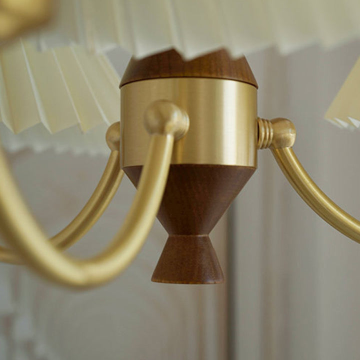 Moderna lámpara de araña de 3/5 luces con pantalla redonda plisada de PVC de latón y madera de mediados de siglo para sala de estar 