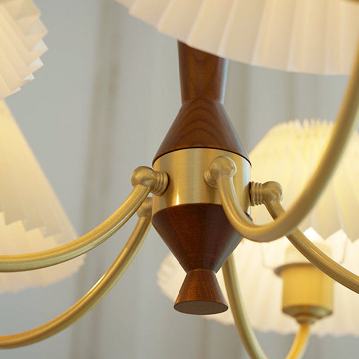 Moderna lámpara de araña de 3/5 luces con pantalla redonda plisada de PVC de latón y madera de mediados de siglo para sala de estar 