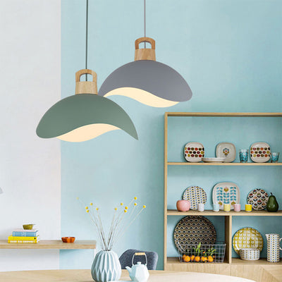Suspension luminaire moderne minimaliste en aluminium et bois ondulé demi-rond 1 lumière pour salon 