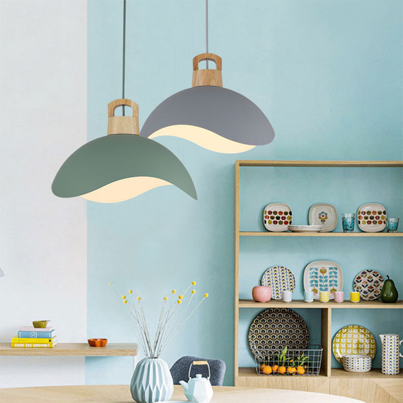 Suspension luminaire moderne minimaliste en aluminium et bois ondulé demi-rond 1 lumière pour salon 