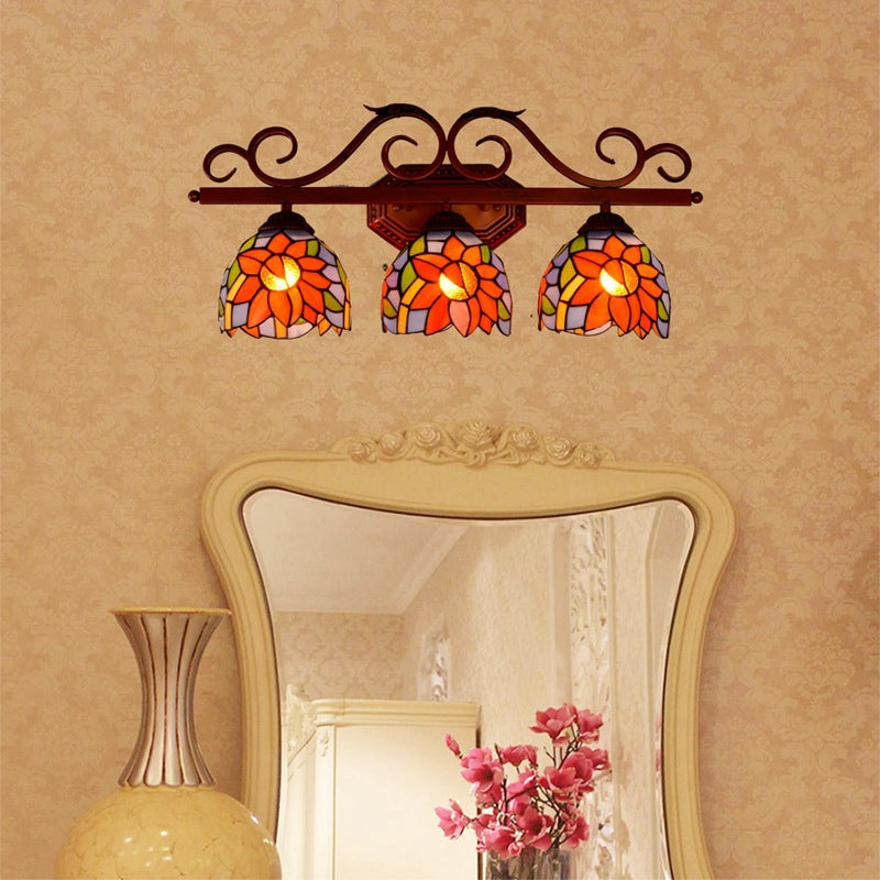 Traditionelle Tiffany-Eisen- und Buntglas-Sonnenblumen-Design 3-Licht-Waschtischlampe Wandleuchte für Badezimmer 