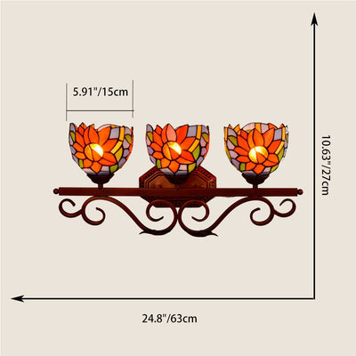 Traditionelle Tiffany-Eisen- und Buntglas-Sonnenblumen-Design 3-Licht-Waschtischlampe Wandleuchte für Badezimmer 