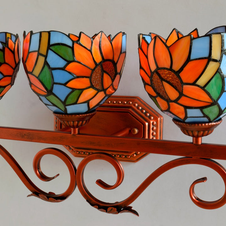 Traditional Tiffany Iron &amp; Stained Glass Sunflower Cup Design 3-Light Vanity Light Wall Sconce Lamp For Bathroom
