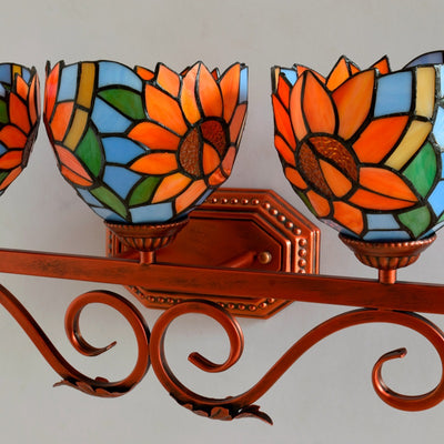 Traditionelle Tiffany-Eisen- und Buntglas-Sonnenblumen-Design 3-Licht-Waschtischlampe Wandleuchte für Badezimmer 