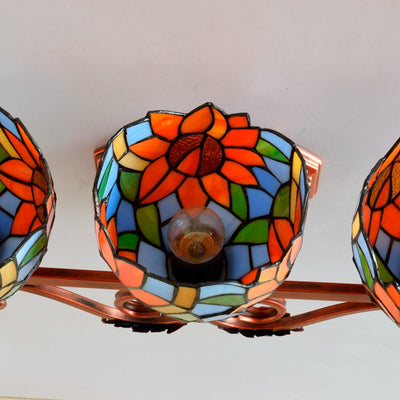 Traditionelle Tiffany-Eisen- und Buntglas-Sonnenblumen-Design 3-Licht-Waschtischlampe Wandleuchte für Badezimmer 