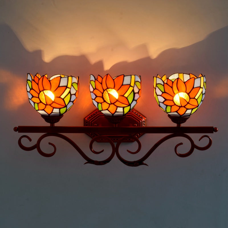 Traditionelle Tiffany-Eisen- und Buntglas-Sonnenblumen-Design 3-Licht-Waschtischlampe Wandleuchte für Badezimmer 