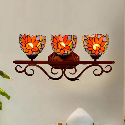 Traditionelle Tiffany-Eisen- und Buntglas-Sonnenblumen-Design 3-Licht-Waschtischlampe Wandleuchte für Badezimmer 