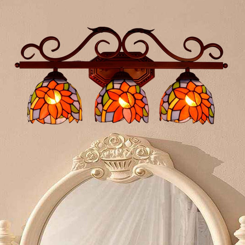 Traditionelle Tiffany-Eisen- und Buntglas-Sonnenblumen-Design 3-Licht-Waschtischlampe Wandleuchte für Badezimmer 