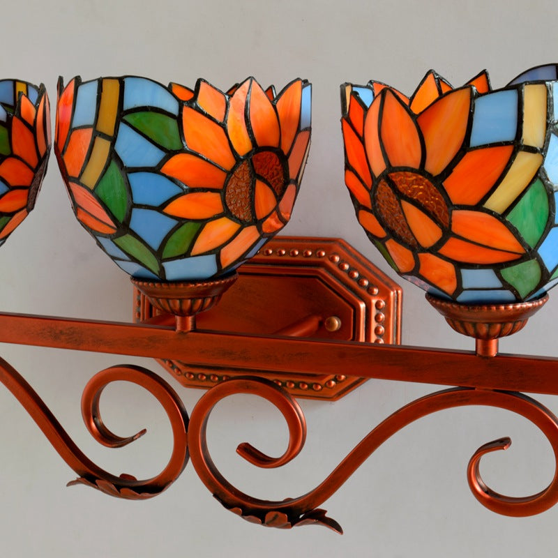 Traditionelle Tiffany-Eisen- und Buntglas-Sonnenblumen-Design 3-Licht-Waschtischlampe Wandleuchte für Badezimmer 