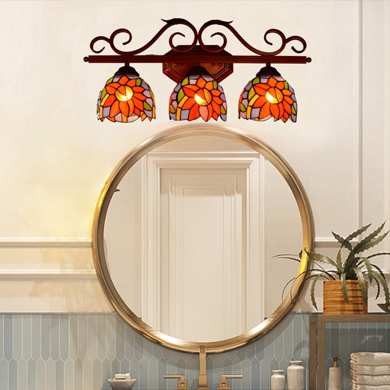 Traditionelle Tiffany-Eisen- und Buntglas-Sonnenblumen-Design 3-Licht-Waschtischlampe Wandleuchte für Badezimmer 