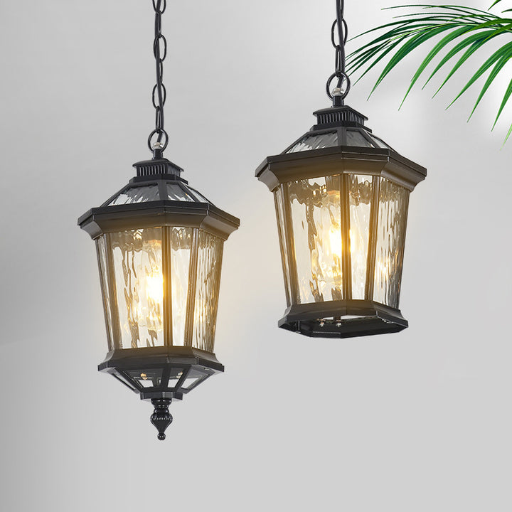 Traditional Vintage Aluminum &amp; Ripple Glass Octagonal 1-Light Pendant Light For Outdoor Patio