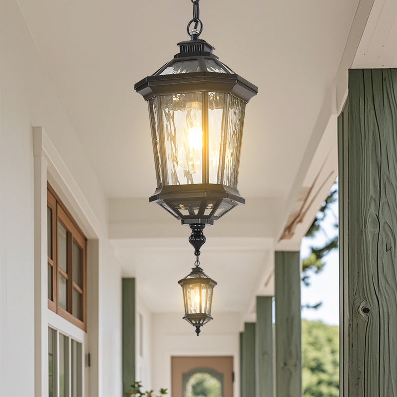 Traditional Vintage Aluminum &amp; Ripple Glass Octagonal 1-Light Pendant Light For Outdoor Patio