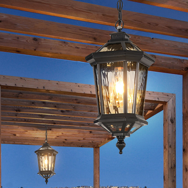 Traditional Vintage Aluminum &amp; Ripple Glass Octagonal 1-Light Pendant Light For Outdoor Patio