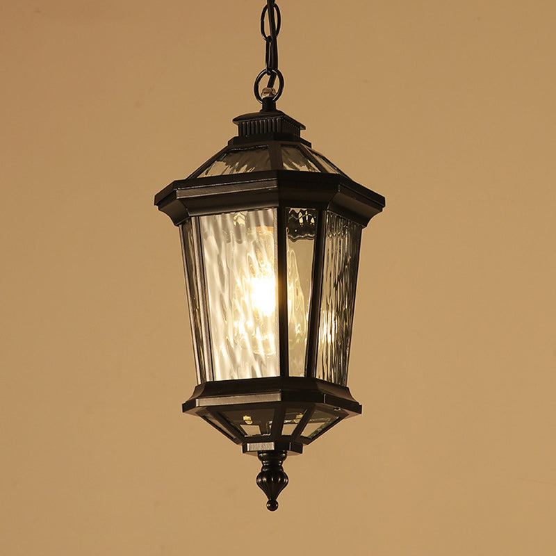 Traditional Vintage Aluminum &amp; Ripple Glass Octagonal 1-Light Pendant Light For Outdoor Patio