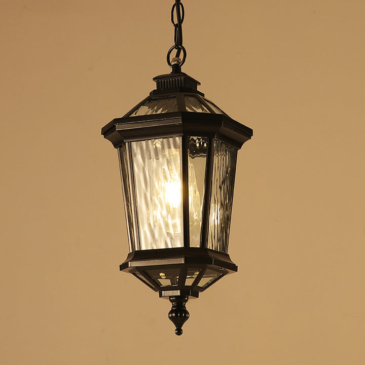 Traditional Vintage Aluminum &amp; Ripple Glass Octagonal 1-Light Pendant Light For Outdoor Patio