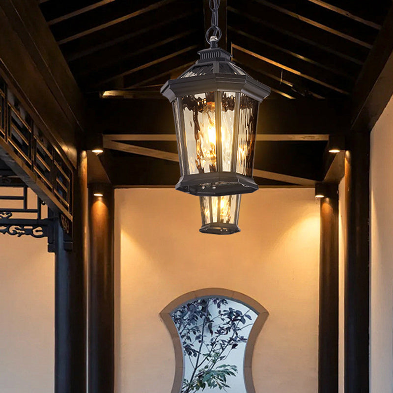 Traditional Vintage Aluminum &amp; Ripple Glass Octagonal 1-Light Pendant Light For Outdoor Patio