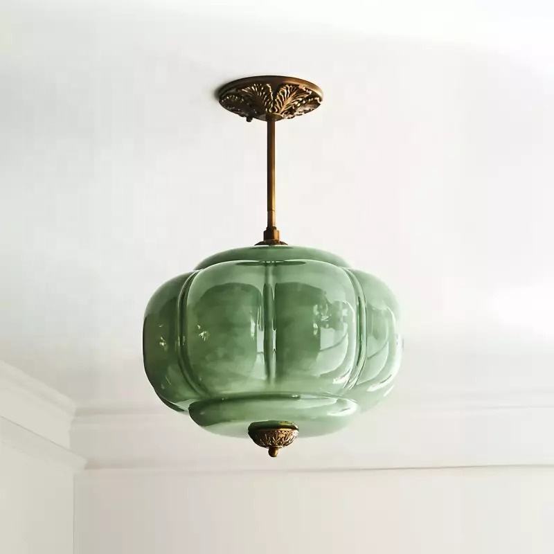 Lustre suspendu en forme de citrouille en verre de cuivre traditionnel français à 3 lumières pour salon 
