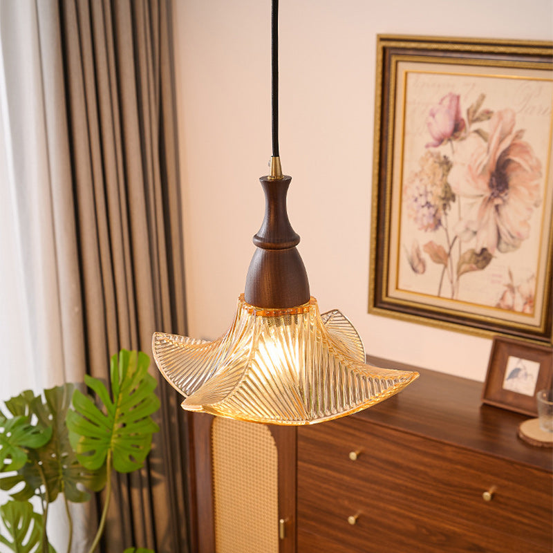 Modern Minimalist Wood Glass Floral Shade 1-Light Pendant Light For Living Room
