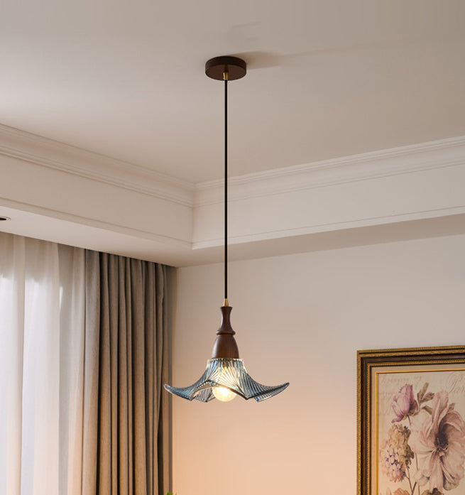 Modern Minimalist Wood Glass Floral Shade 1-Light Pendant Light For Living Room