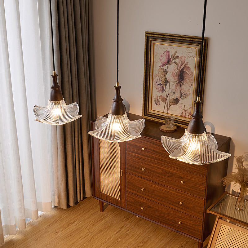 Modern Minimalist Wood Glass Floral Shade 1-Light Pendant Light For Living Room