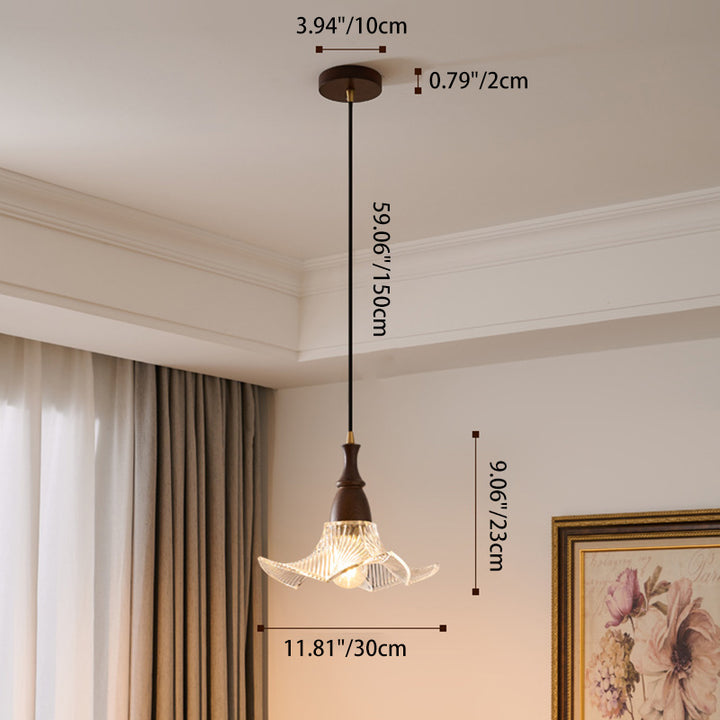 Modern Minimalist Wood Glass Floral Shade 1-Light Pendant Light For Living Room