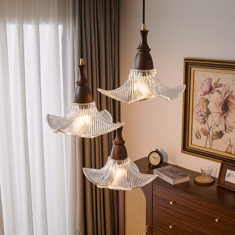 Modern Minimalist Wood Glass Floral Shade 1-Light Pendant Light For Living Room