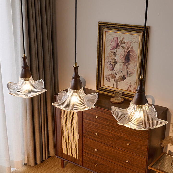 Modern Minimalist Wood Glass Floral Shade 1-Light Pendant Light For Living Room