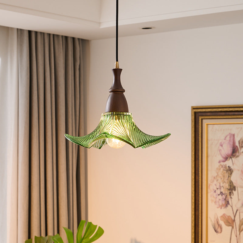 Modern Minimalist Wood Glass Floral Shade 1-Light Pendant Light For Living Room