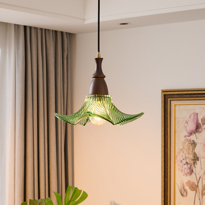 Modern Minimalist Wood Glass Floral Shade 1-Light Pendant Light For Living Room