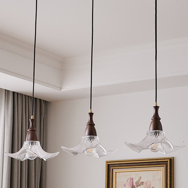 Modern Minimalist Wood Glass Floral Shade 1-Light Pendant Light For Living Room