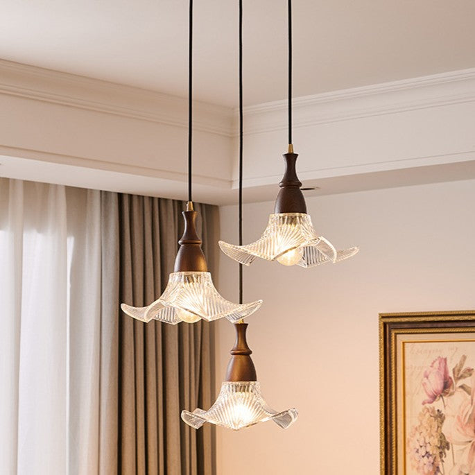 Modern Minimalist Wood Glass Floral Shade 1-Light Pendant Light For Living Room