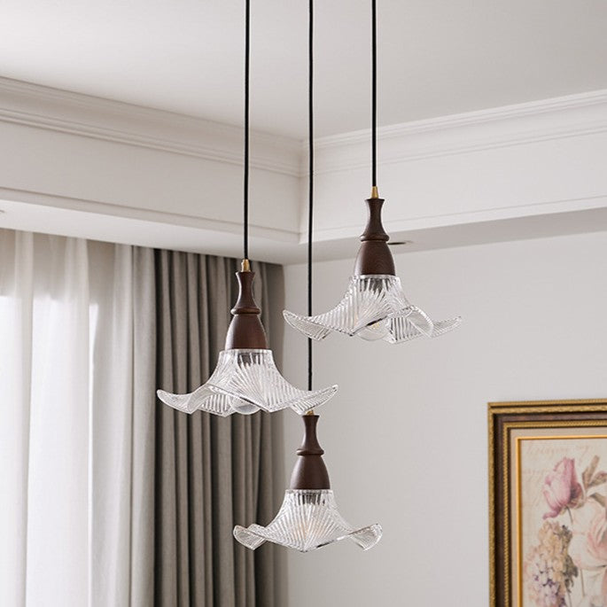 Modern Minimalist Wood Glass Floral Shade 1-Light Pendant Light For Living Room