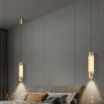 Contemporary Luxury Brass And Alabaster Cylinder LED Pendant Light For Bedroom