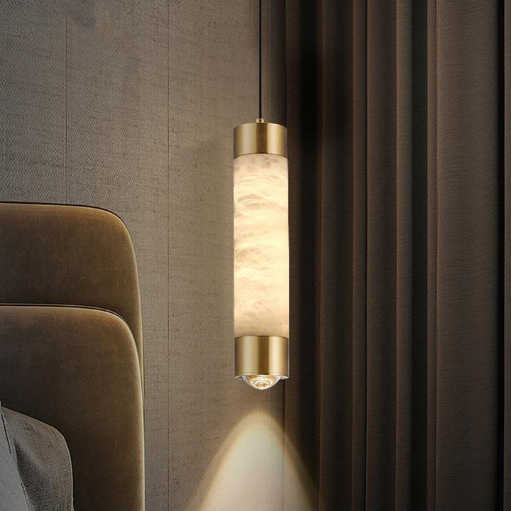 Contemporary Luxury Brass And Alabaster Cylinder LED Pendant Light For Bedroom