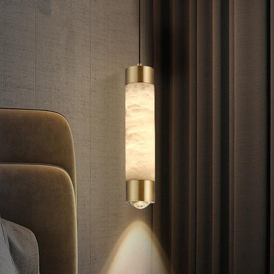 Contemporary Luxury Brass And Alabaster Cylinder LED Pendant Light For Bedroom