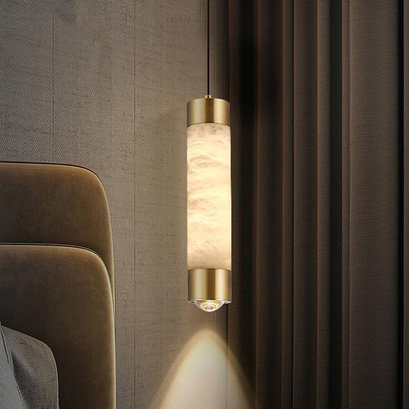 Contemporary Luxury Brass And Alabaster Cylinder LED Pendant Light For Bedroom