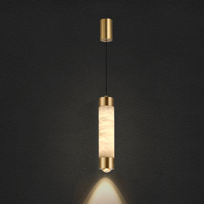 Contemporary Luxury Brass And Alabaster Cylinder LED Pendant Light For Bedroom