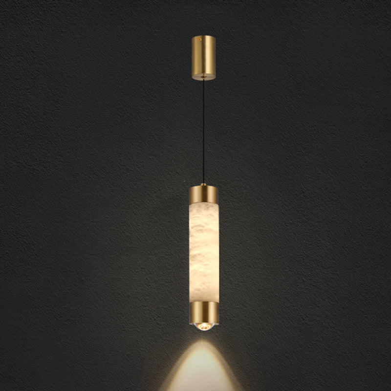 Contemporary Luxury Brass And Alabaster Cylinder LED Pendant Light For Bedroom